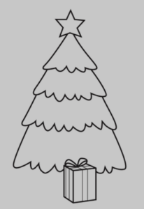 dibujar una Navidad, dibujo de navidad en solo 9 sencillos, dibujar cosas navideñas, capa superior del árbol de Navidad, segunda capa del árbol de Navidad, dibuja la tercera capa del árbol, capa inferior del árbol de Navidad, regalo enorme debajo del árbol de Navidad,